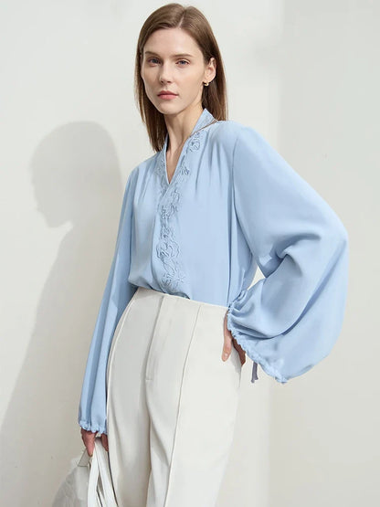 Chiffon Women's Blouse 2025 Autumn New V-neck Letter Embroidered Top Elegant Lantern Sleeve Loose Women's Shirt 12421028