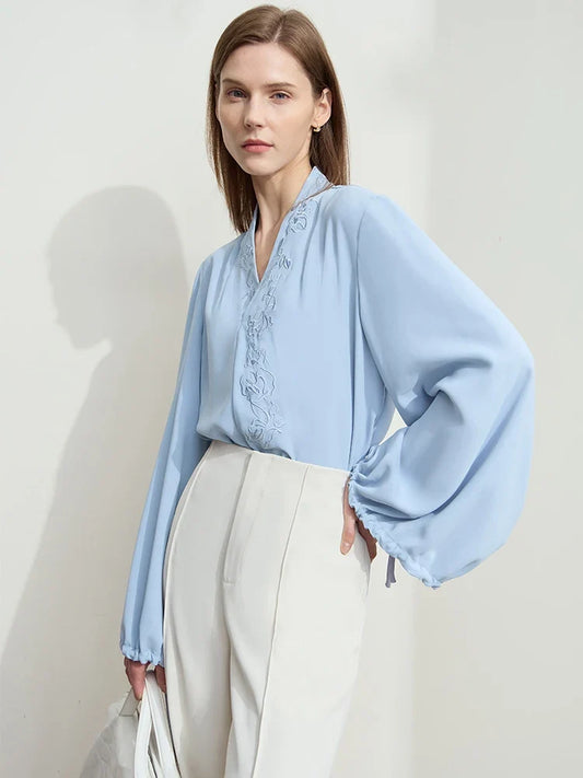 Chiffon Women's Blouse 2025 Autumn New V-neck Letter Embroidered Top Elegant Lantern Sleeve Loose Women's Shirt 12421028