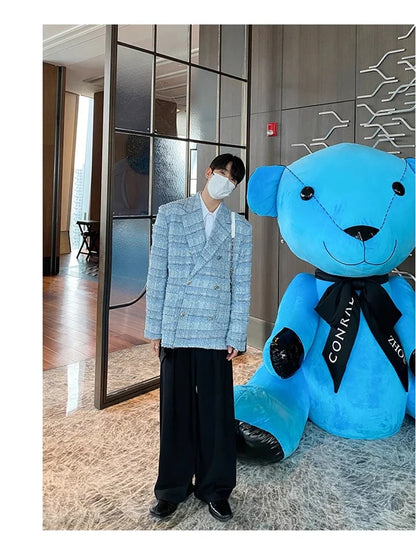 Autumn Loose Casual Colorful Blue Tweed Blazers Jacket for Men Long Sleeve Double Breasted Mens Designer Clothes