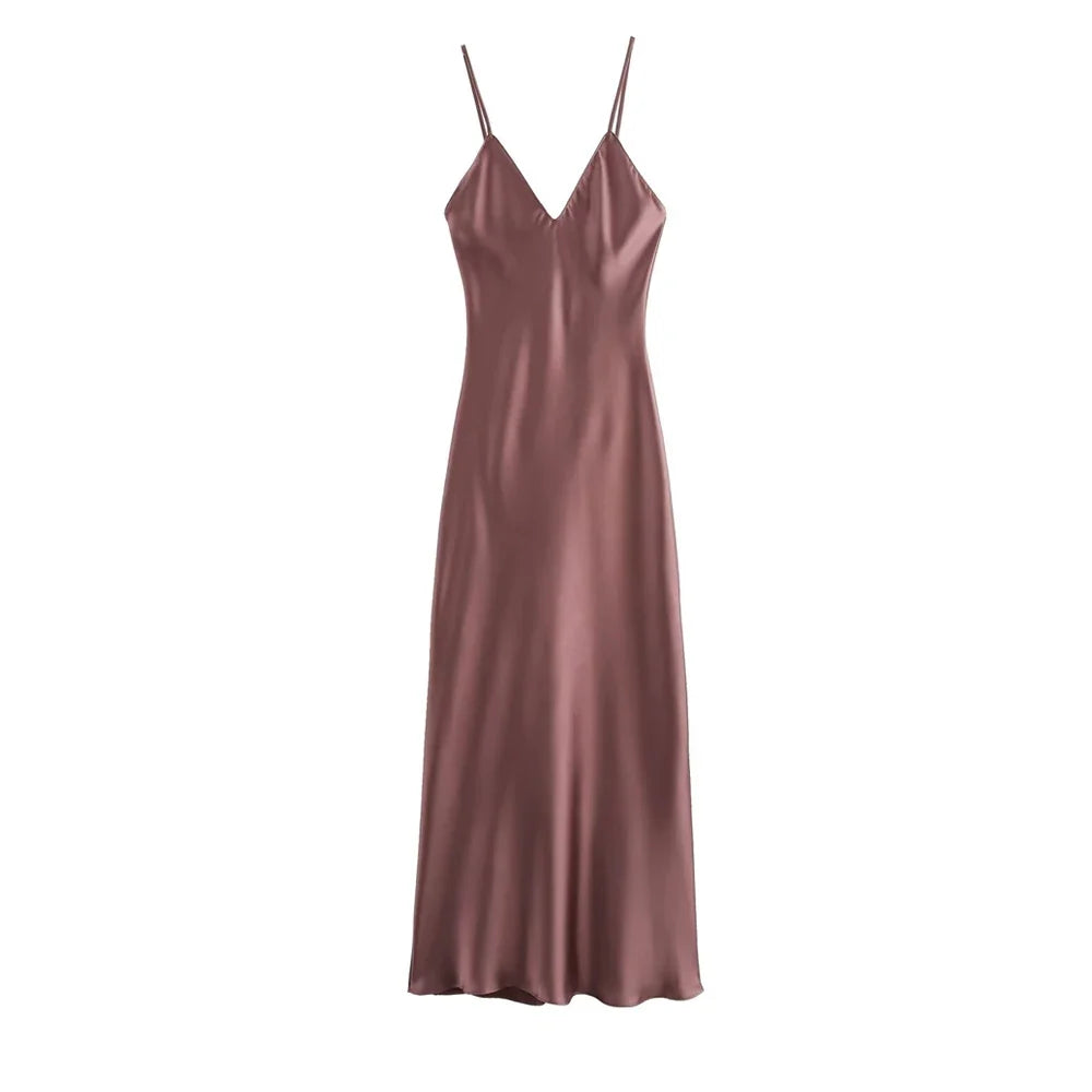 Women's Satin Midi Dress, V Neck, Thin Straps, Backless, Female Dresses, Sexy Fashion