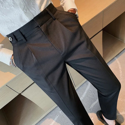 Autumn Winter High Quality Solid Casual Pants Men Belt Design Slim Fit Trousers Formal Office Business Social Party Suit Pants