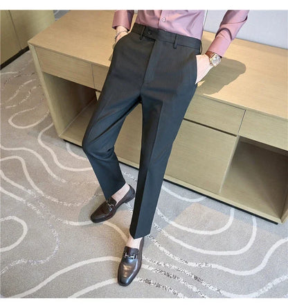 British Style Pinstripe Slim Fit Suit Pant Men Business Casual Simple Dress Pants High Quality Social Wedding Party Trousers