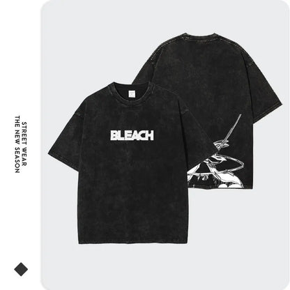 Anime Zaraki Kenpachi T Shirts Oversized Vintage Washed B-Bleach T-shirt Manga Kurosaki Ichigo T Shirt Renji Uryuu Tops Tees Man