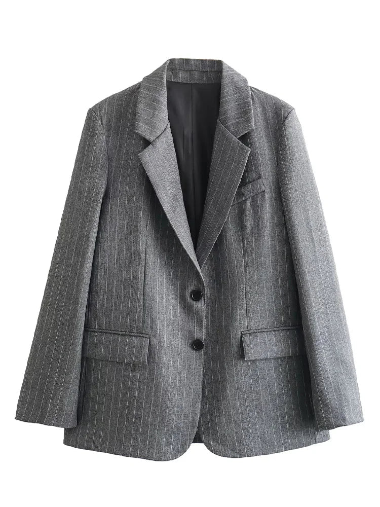 Women Fashion With Pockets Striped Single Breasted Blazer Vintage Notched Neck Long Sleeves Female Chic Lady Outfits
