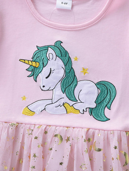 Summer New Girl's Cotton Unicorn Embroidered Mesh Spliced Sleeveless Dress SH1701