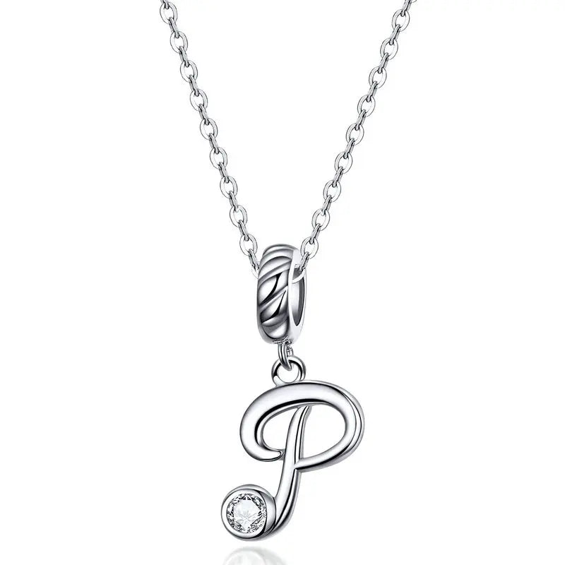 925 Sterling Silver Vintage Letter A to Z Pendant Necklace Initial Long Chain Necklace Platinum Plated Women Fine Jewelry