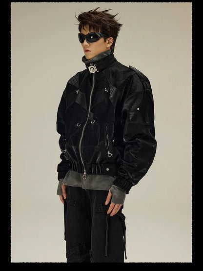 Spring Autumn Cool Handsome Crocodile Print Patchwork Pu Leather Jacket Men Color Block Luxury Designer Clothes 2024