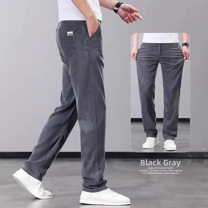 Summer Thin Straight Loose Wide Leg Pants Men's Silk Smooth Denim Jeans Casual Long Trousers Business Gentleman Style Water W...