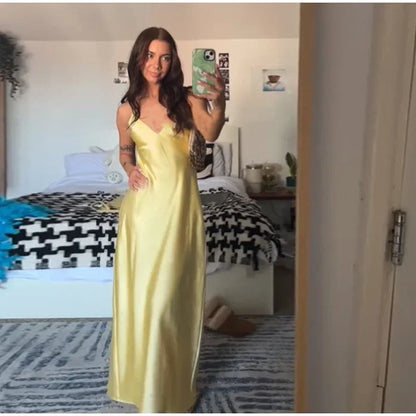 Yellow Satin Sling Dress Women Elegant V Neck Sleeveless Backless High Waist Maxi Dresses 2025 Summer Lady Party Evening Robes