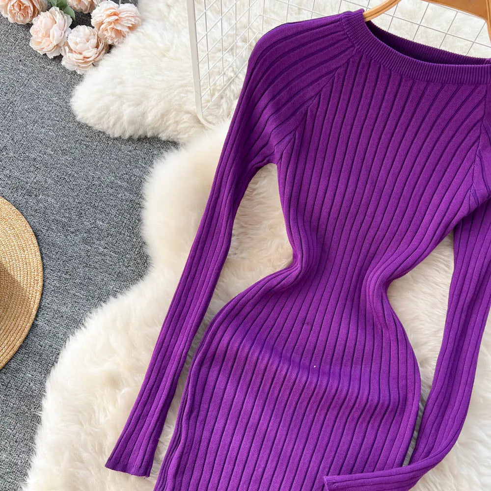 Winter Women Knit Maxi Dress O Neck Autumn Long Sleeve Slim Solid Harajuku Ladies Fashion Pencil Sweater Long Dresses