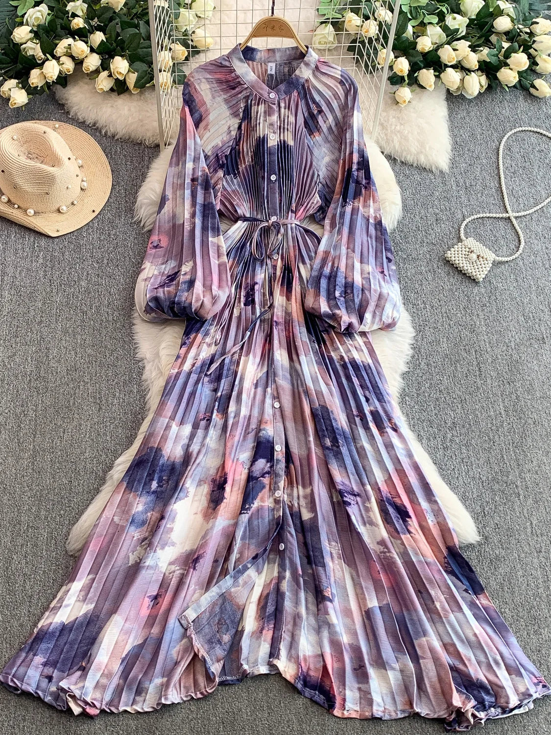 Ele Printed round Ne Lantern Sve Dr Women's Single Button Waist Cinch Maxi Skirt Long Dr Commute Sle Autumn