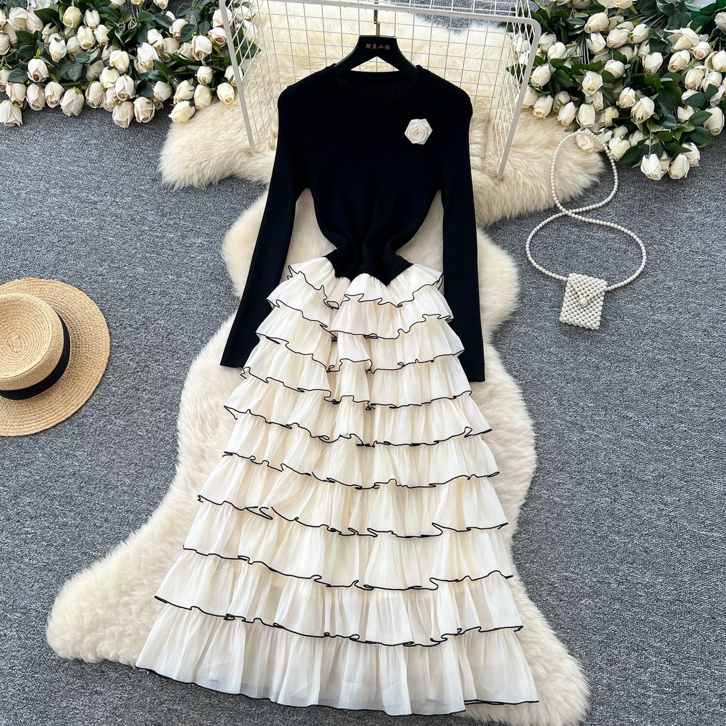 Autumn 3D Floral Spliced Long Dress 2025 Female O Neck Long Sleeves High Quality Slim Luxury Knitted Party Cake Dress