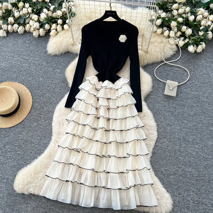 Autumn 3D Floral Spliced Long Dress 2025 Female O Neck Long Sleeves High Quality Slim Luxury Knitted Party Cake Dress