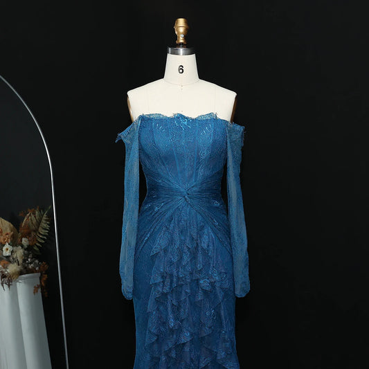 Said Luxury Blue Lace Evening Dress Saudi Arabia Elegant Off Shoulder Wedding Guest Gowns Formal Party Dress SF519 Custom