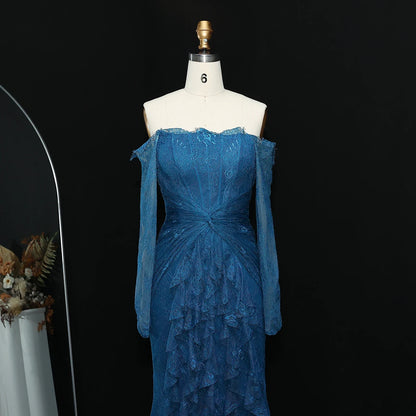 Said Luxury Blue Lace Evening Dress Saudi Arabia Elegant Off Shoulder Wedding Guest Gowns Formal Party Dress SF519 Custom