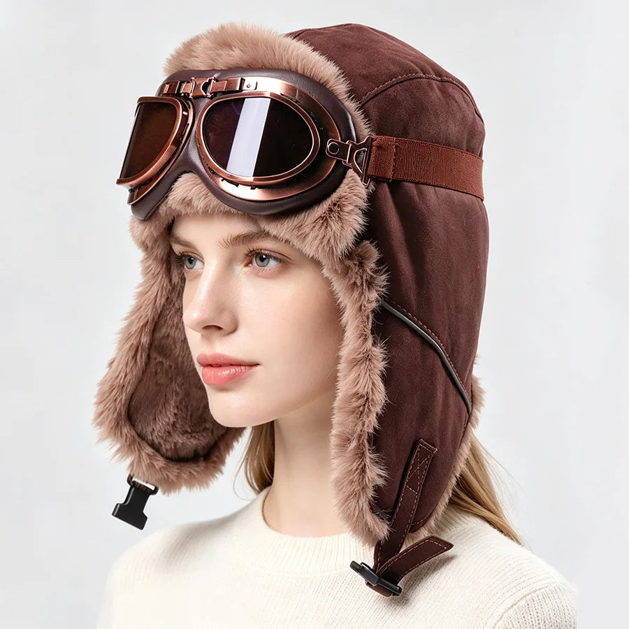 Retro Unisex Aviator Trapper Hat Faux Fur Thick Warm With Goggles Earflap Winter Cap For Cycling Outdoor Cold Protection