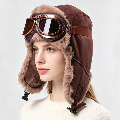 Retro Unisex Aviator Trapper Hat Faux Fur Thick Warm With Goggles Earflap Winter Cap For Cycling Outdoor Cold Protection