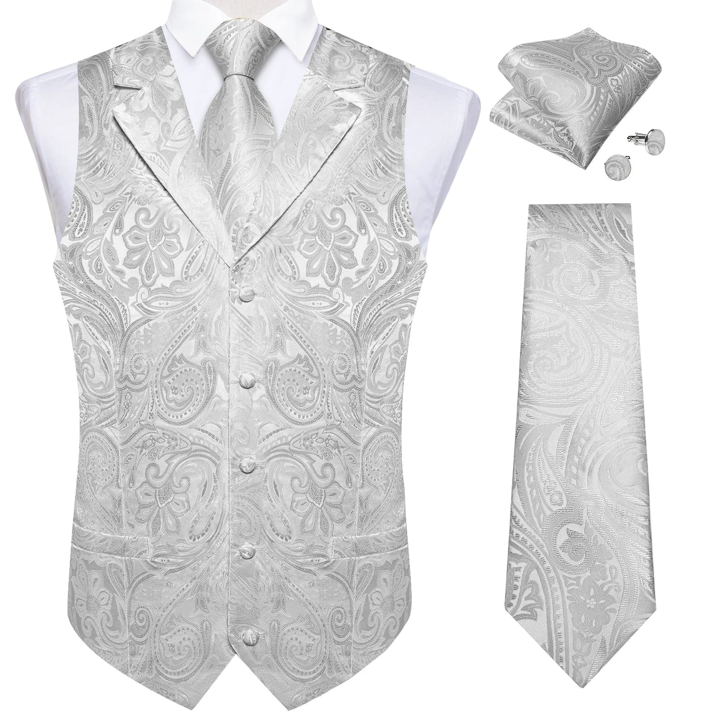 Men's Vest Tie Set Paisley Tuxedo Suit Waistcoat and Necktie Hankerchief Cufflinks for Wedding Party Groom Clothing
