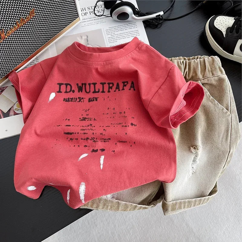 New Toddler Summer Baby Girls Boys Clothes Suit Children Letter Tshirt+ Ripped Jeans 2Pcs/Sets Casual Costume Kids Tracksuits