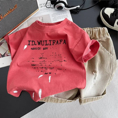 New Toddler Summer Baby Girls Boys Clothes Suit Children Letter Tshirt+ Ripped Jeans 2Pcs/Sets Casual Costume Kids Tracksuits