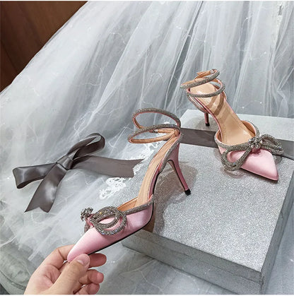 2025 New Fashion Glitter Rhinestones Women Pumps Crystal Bowknot Silk Pointed Toe Buckle Strap Thin High Heels Party Prom Shoes