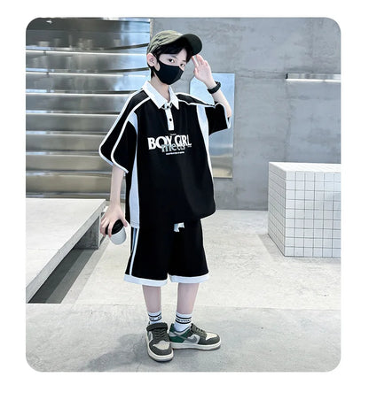 Summer Boys Patchwork Alphabet Preppy T-Shirt Tops+Drawstring Shorts Pant Set School Kids 2PCS Tracksuit Children Outfits 5-16Yr