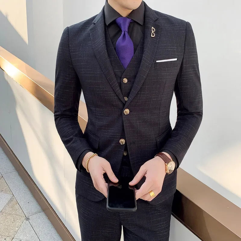 High Quality Slim-fit Men's Three-piece Suit with Vest And Trousers - Double Buckle Wedding Art Fabric Tough Man Suit