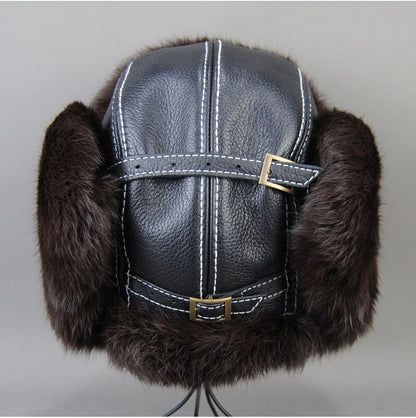 2026 Fashion Men's 100% Natural Rabbit Fur Bomber Hats Winter Russian Man Warm Real Sheepskin Leather Hat Male Real Fur Caps