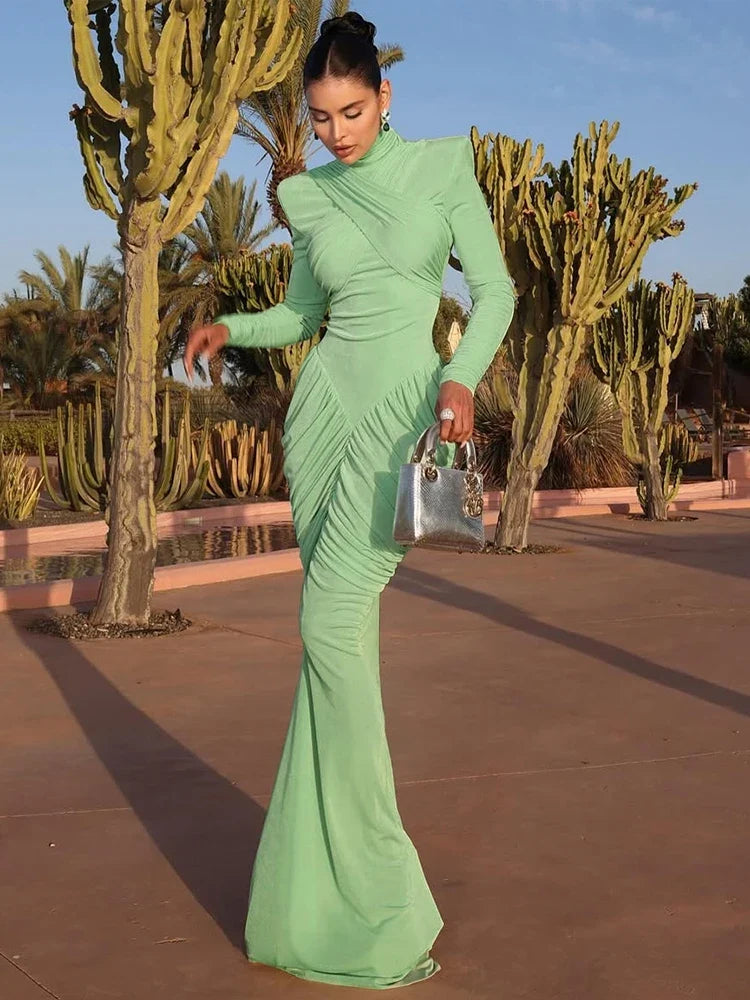 Autumn New Style Maxi Dress Women Turtleneck Full Sleeve Backless Skinny Stretch  Prom Party Ruched Elegant Vestidos