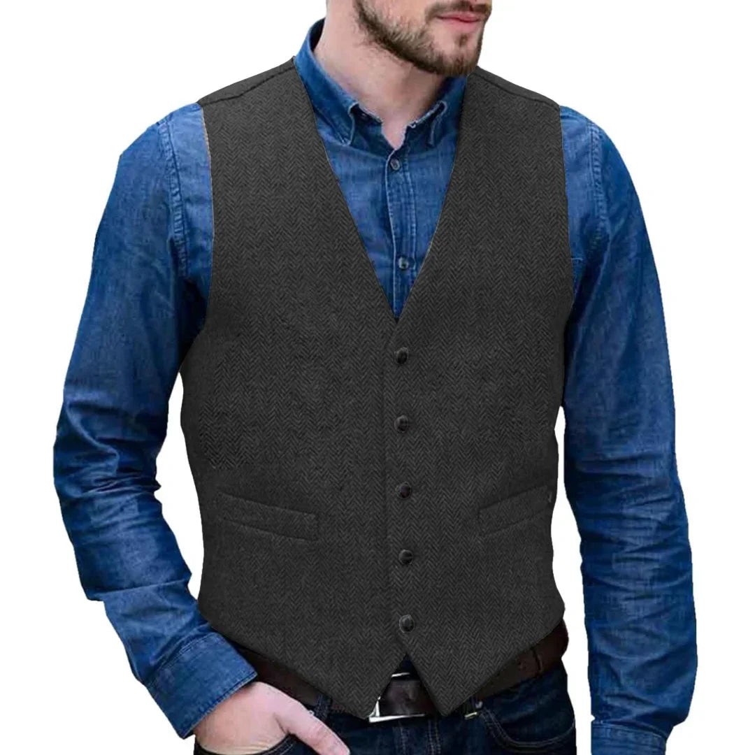 Men Vest Gray Herringbone Single Button V Neck Waistcoat For Wedding Business Casual Formal Wedding Daily Work Men Suit Vest