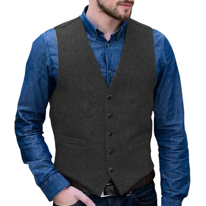 Men Vest Gray Herringbone Single Button V Neck Waistcoat For Wedding Business Casual Formal Wedding Daily Work Men Suit Vest