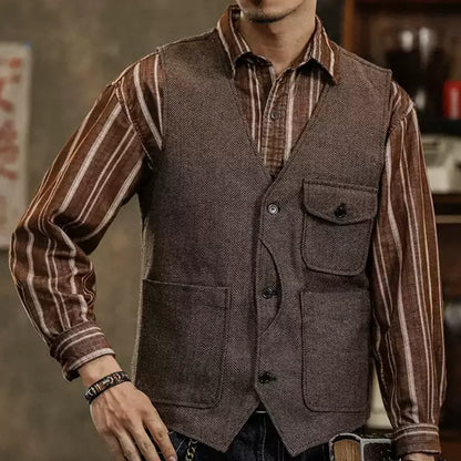 Men Vest Coffee Herringbone Single Button Pocket Waistcoat For Wedding Business Casual Formal Daily Office Work Men Suit Vest