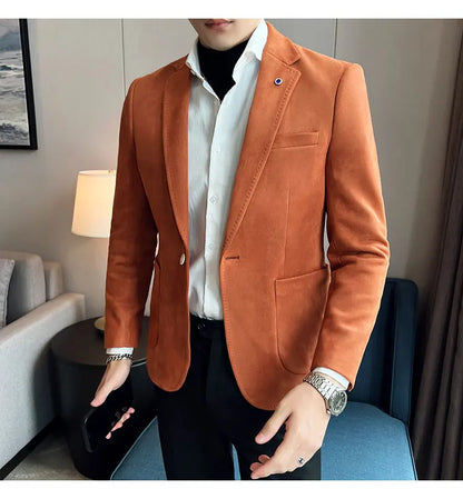High-quality, fashionable men's stylish, versatile and trendy Korean-style slimming suede business casual suit