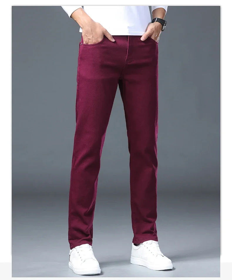 Fashion Classic Jeans Men Solid Color Casual Streetwear Hip-hop Trousers Stretch Slim-fit Embroidered Denim Pants