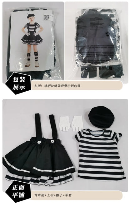 Mime Costume Clown Cosplay Clothing Girls Stage Performance Skirt T-shirt Hat Gloves Halloween Carnival Party Suit ﻿