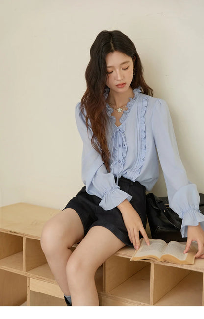100% Lyocell Women's Blue Shirt 2025 Autumn French Ruffles Long Sleeves Ties Blouse Office Lady Elegant Top MXE45X2484