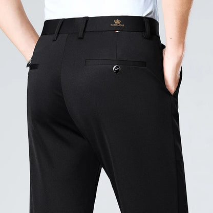 High-stretch fabric men's business trousers suitable for all seasons, featuring an elastic waistband and classic office/work for