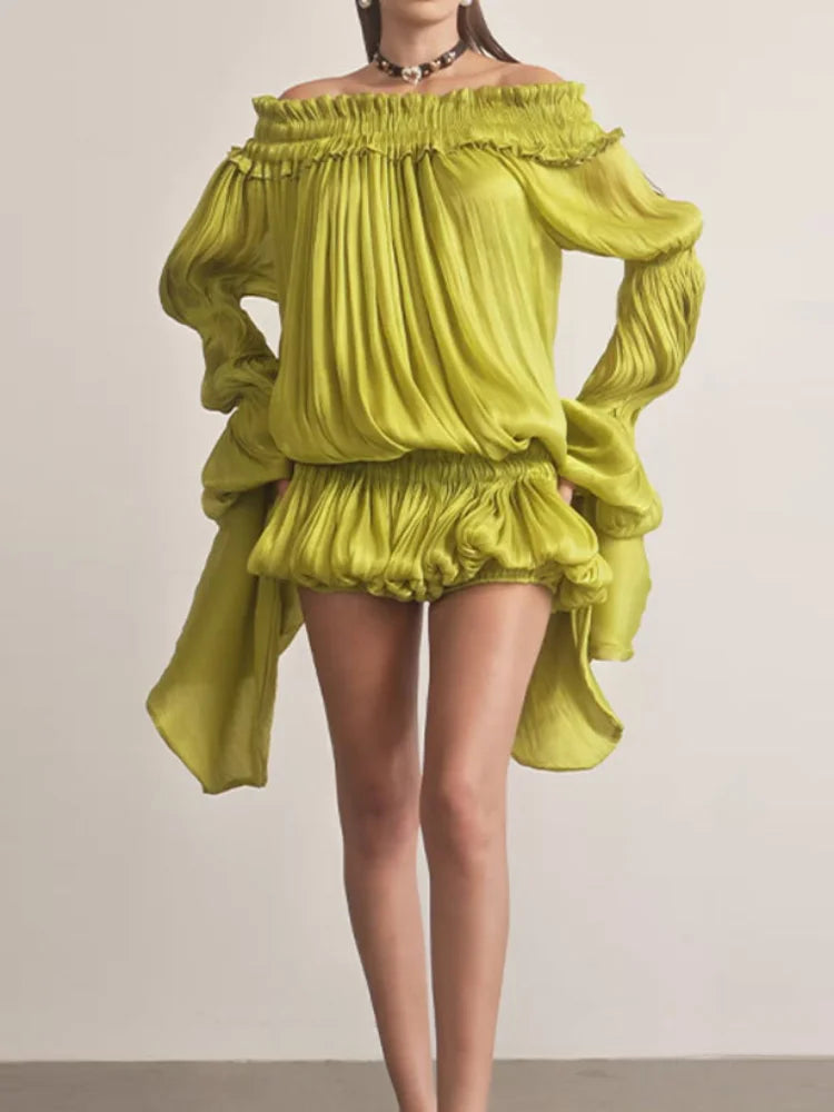 Lime Green Off-shoulder Pleated Short Dress Chic Smocked Waist Bubble Vistidos Women's Tiered Full Sleeve Beach Club Party Gown
