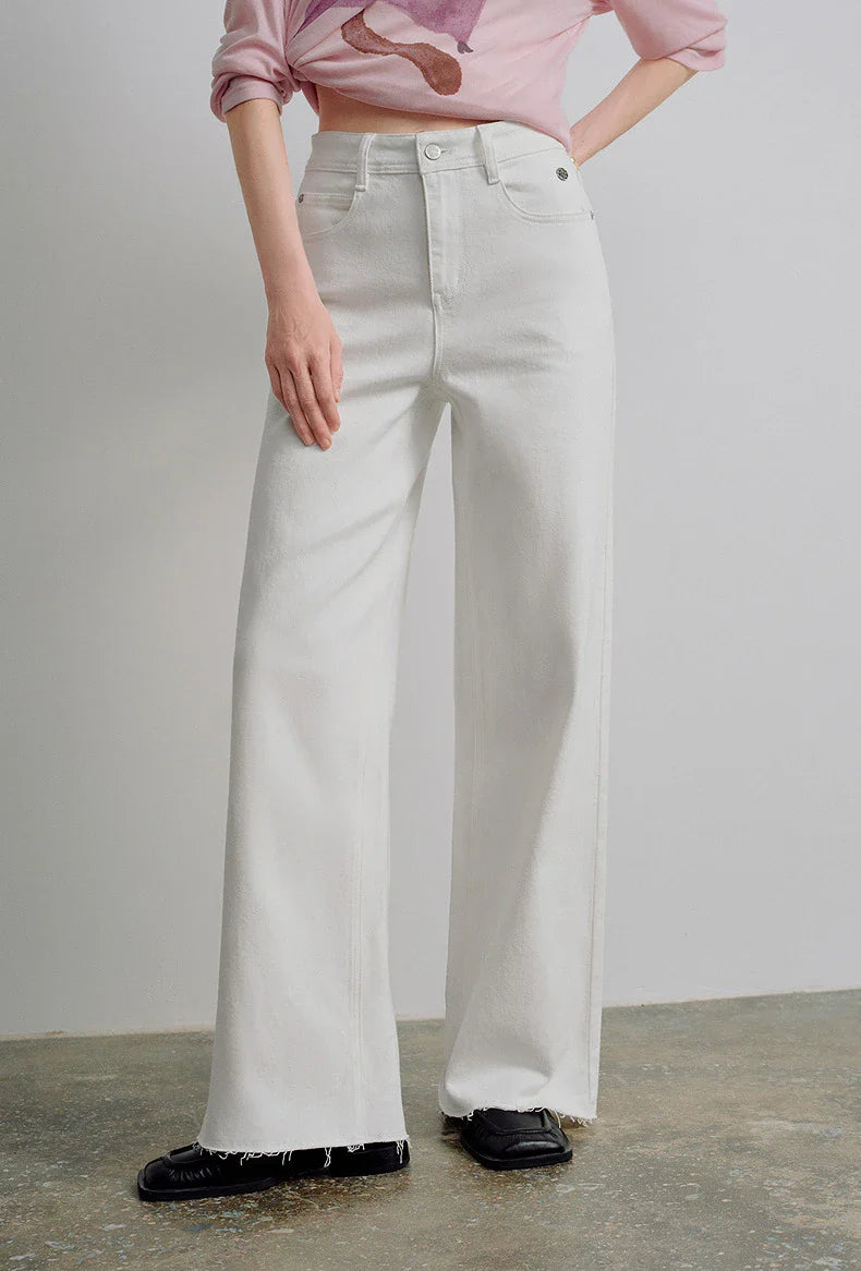 Women Jeans 2026 Spring New Black Label Lycra Stretchy White Frayed Cuff Loose Wide-Leg Pants