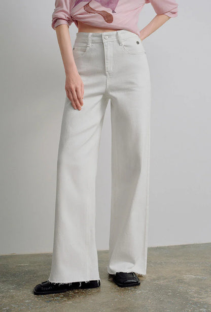 Women Jeans 2026 Spring New Black Label Lycra Stretchy White Frayed Cuff Loose Wide-Leg Pants
