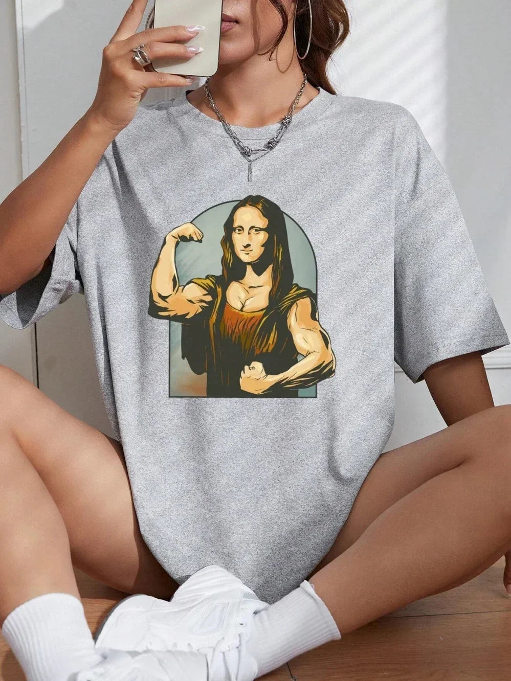 Playing Pranks on Mona Lisa Fitness Print Womens T Shirt Casual T-Shirt Casual Short Sleeve Loose Tshirt