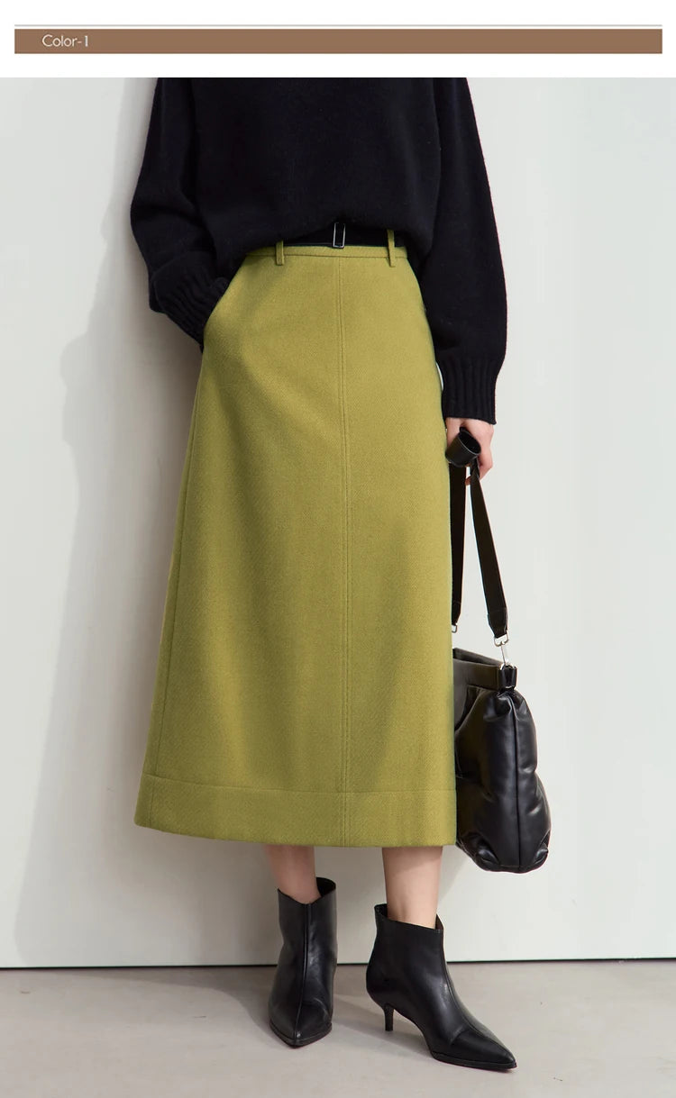 Minimalism Women's Elegant Commuter Skirts with Velvet Belt 2024 Winter Twill Fabric Warm Slit Straight Midi Skirt 12444183