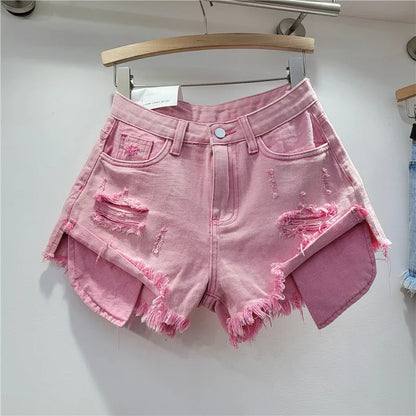 2026 Summer New Women's Pink Hole Denim Shorts High Waist Slimming Spicy Girl A-line Ragged Edge Shorts
