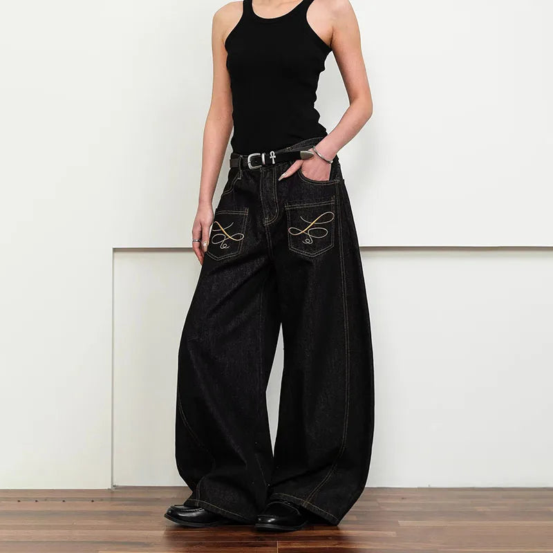 Korean Spring And Autumn Men'S Embroidered Curved Knife Jeans Wide Leg Pants Low Waist Casual Loose Straight Leg Pants
