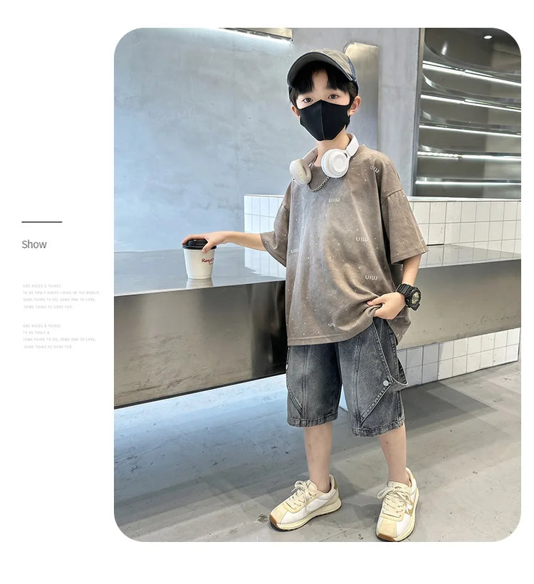 Luxury Children Fashion Summer Set for Boy Cotton Outfit Suit T-shirt Shorts Clothing Kids Street Top And Bottom 2 Pieces Suit