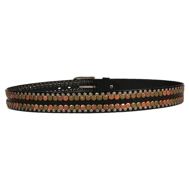 3.8CM  Hip Hop Punk Style Men Belt Round Rivet Real Genuine Cowskin Leather Strap Male Cowboy Studded Belts Rock Waistband