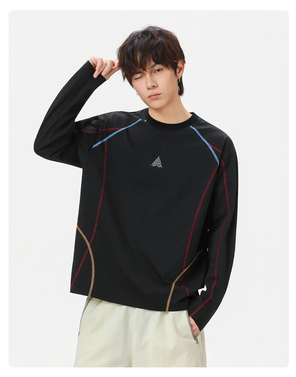 Men's Cool-Touch Contrast Stitch Long Sleeve T-Shirt – Loose Fit Moisture-Wicking Athletic Top for Autumn & Summer Sports