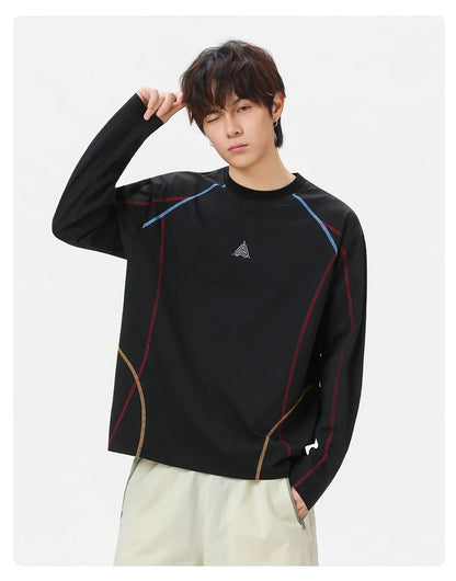 Men's Cool-Touch Contrast Stitch Long Sleeve T-Shirt – Loose Fit Moisture-Wicking Athletic Top for Autumn & Summer Sports