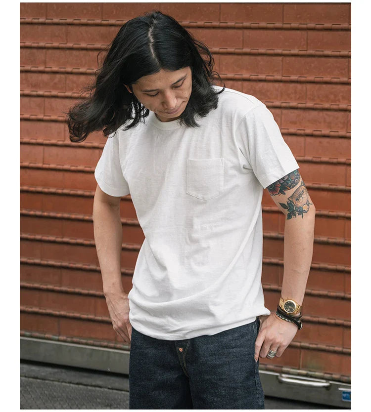 Rugged Bronson Loopwheel Tubular Pocket T-Shirt 220g Slub Cotton Men's Seamless Side Tee Short Sleeve