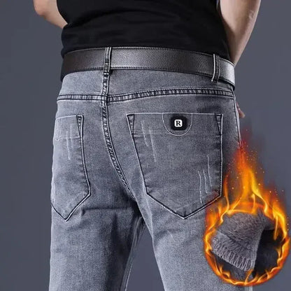 Winter Thick Plus Velvet Men Middle Waist Skinny Jeans Simple Fleece Warm Slim Fit Stretch Boy Casual Denim Pencil Pants